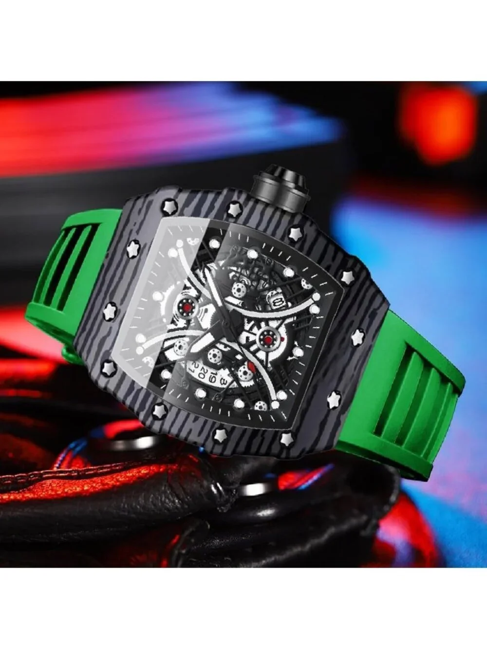 Men's Green And Black Analog Silicone Strap Barrel-Shaped Skeleton Luxury Watch